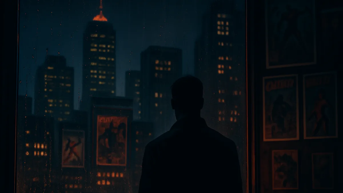 A moody noir city skyline at night, evoking detective comics