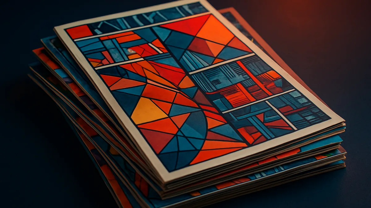 A stack of original comics with vibrant abstract cover designs