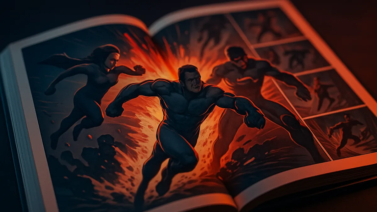 An open comic splash page with original dynamic superhero-style art